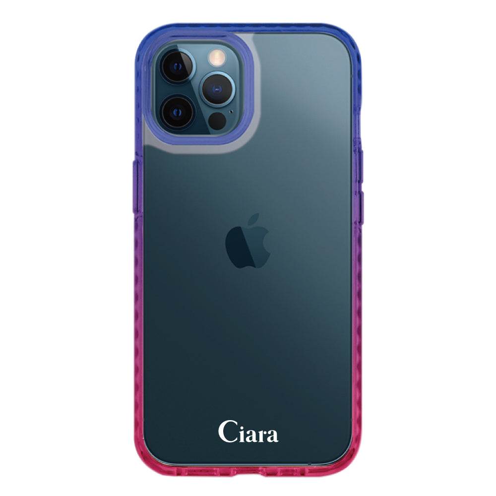 iPhone12ProMaxケース クッションバンパー 耐衝撃クリアケース ロゴ ブルー/ローズ