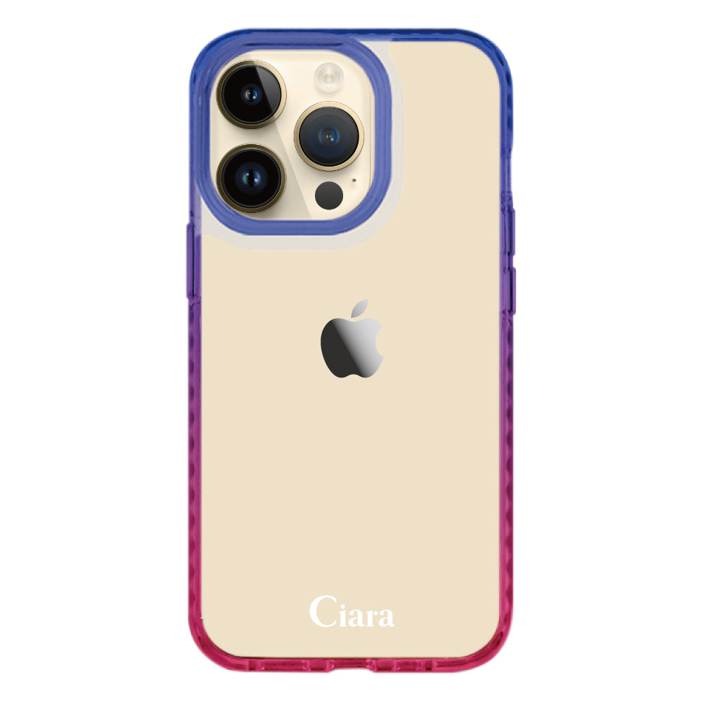 iPhone14Proケース クッションバンパー 耐衝撃クリアケース ロゴ ブルー/ローズ