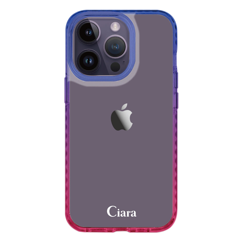 iPhone14ProMaxケース クッションバンパー 耐衝撃クリアケース ロゴ ブルー/ローズ