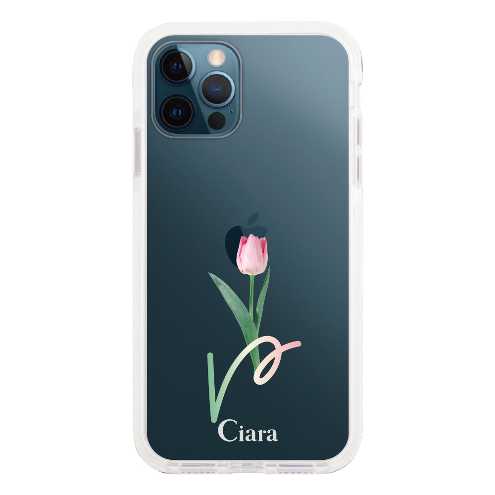 iPhone12ProMaxケース クッションバンパー 耐衝撃クリアケース チューリップ ピンク