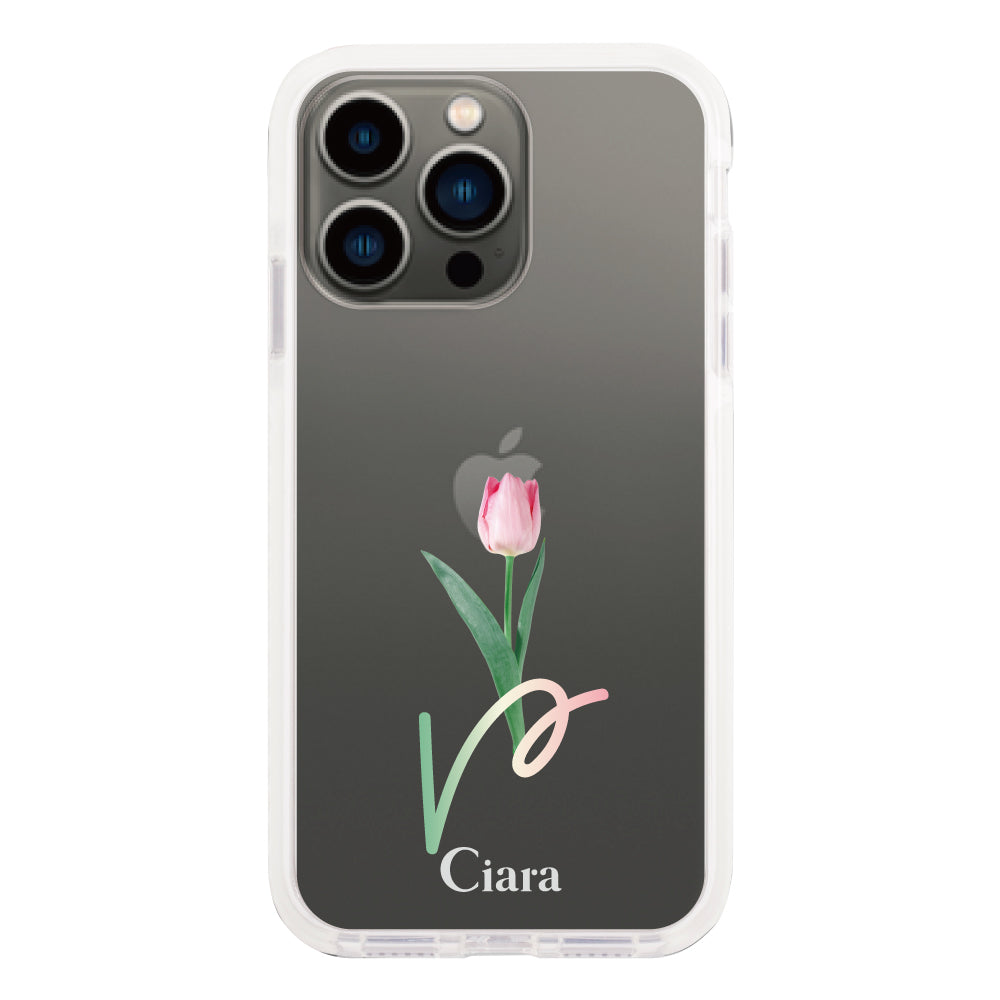 iPhone13Proケース クッションバンパー 耐衝撃クリアケース チューリップ ピンク