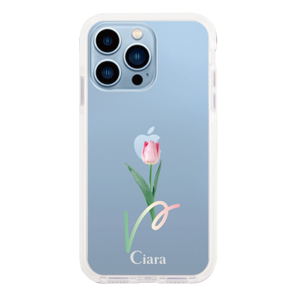 iPhone13ProMaxケース クッションバンパー 耐衝撃クリアケース チューリップ ピンク