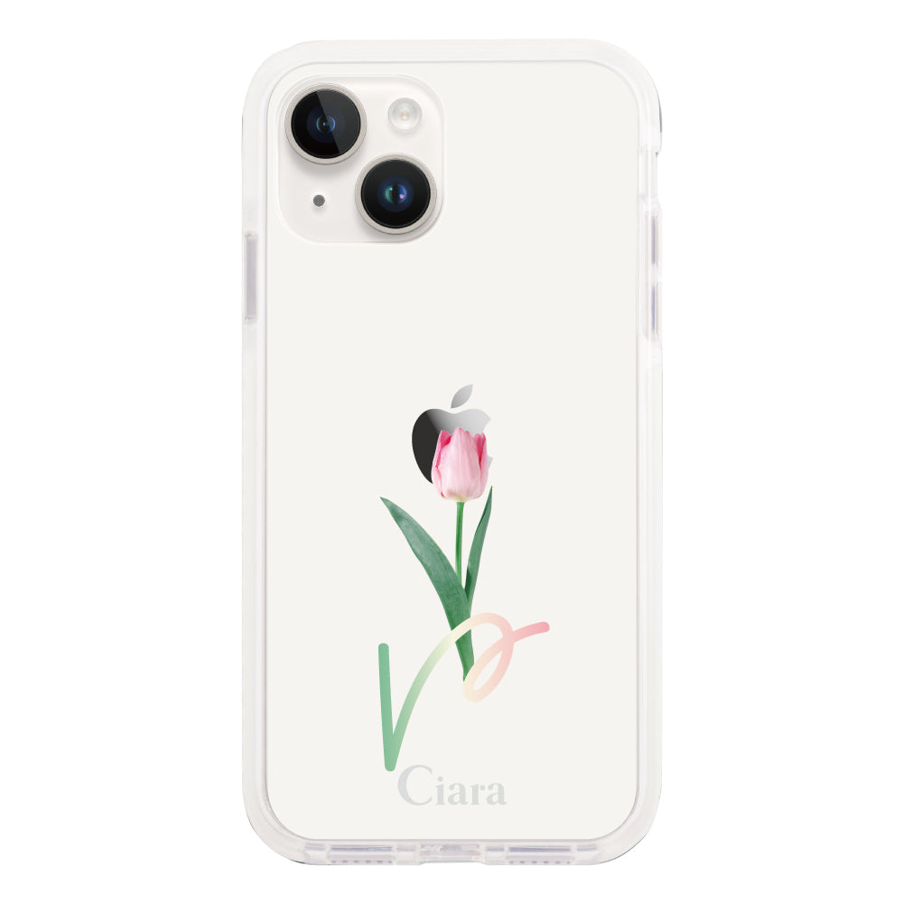 iPhone14ケース クッションバンパー 耐衝撃クリアケース チューリップ ピンク