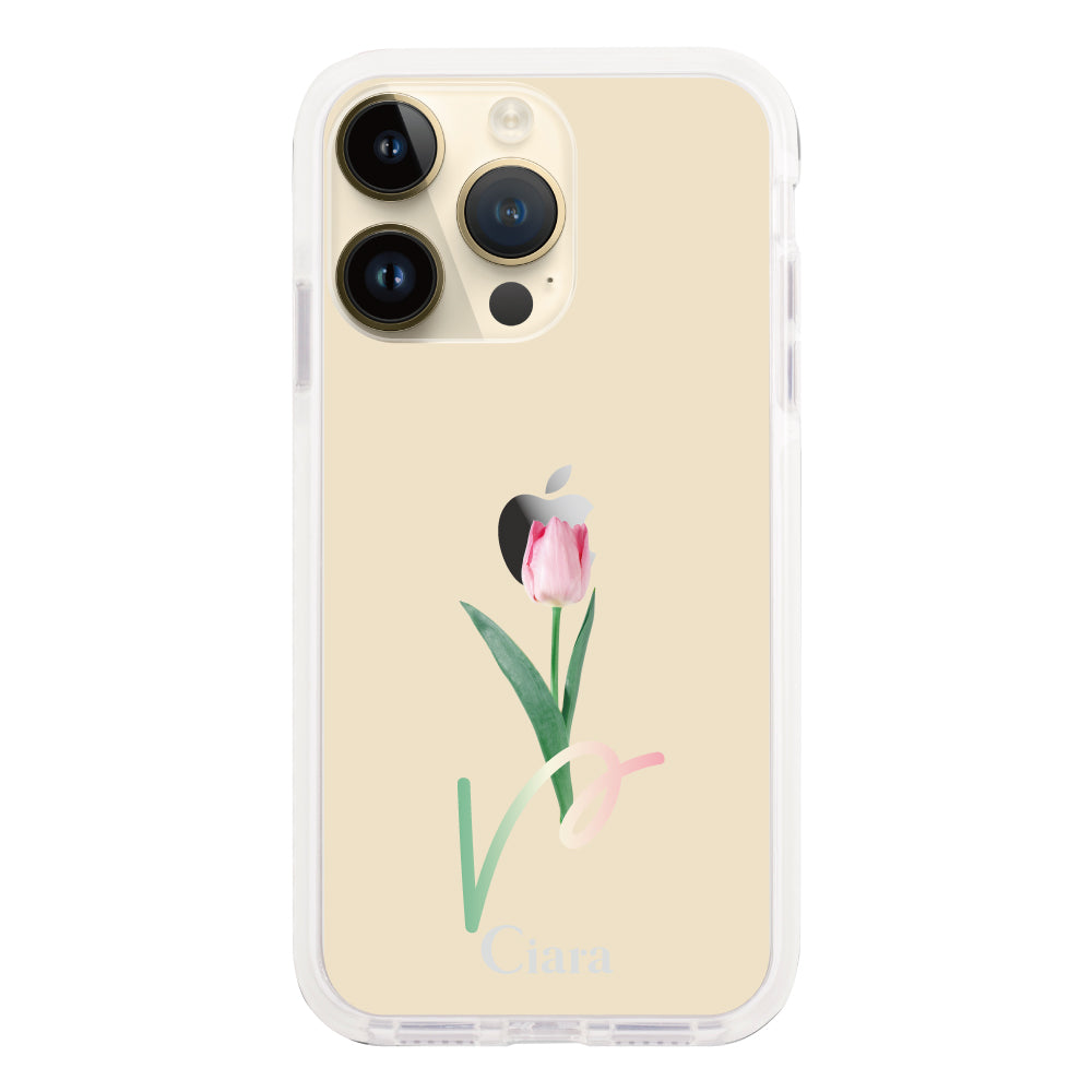 iPhone14Proケース クッションバンパー 耐衝撃クリアケース チューリップ ピンク