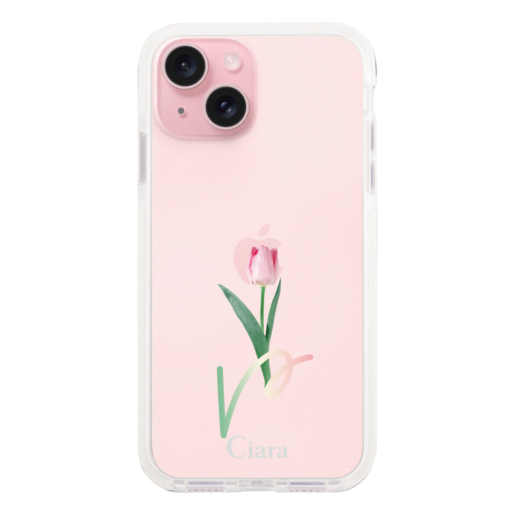 iPhone15ケース クッションバンパー 耐衝撃クリアケース チューリップ ピンク