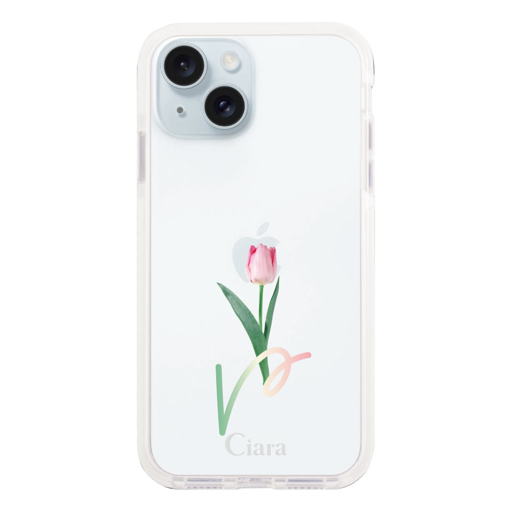 iPhone15Plusケース クッションバンパー 耐衝撃クリアケース チューリップ ピンク