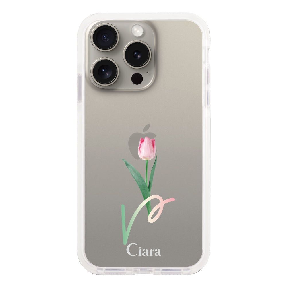 iPhone15Proケース クッションバンパー 耐衝撃クリアケース チューリップ ピンク