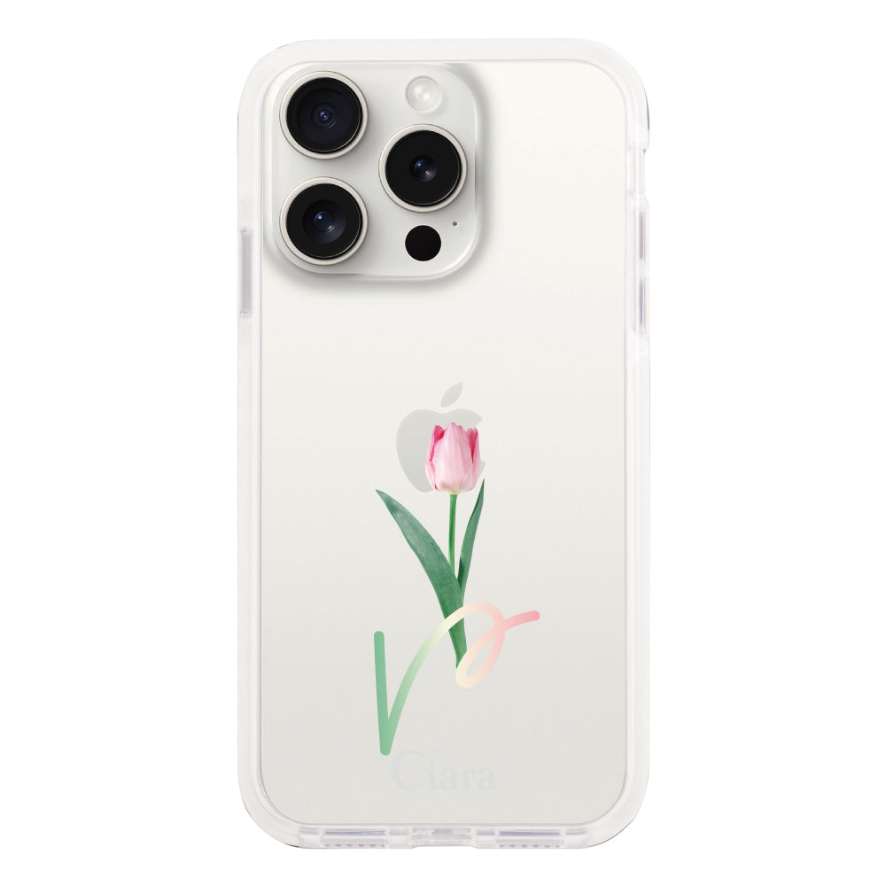 iPhone15ProMaxケース クッションバンパー 耐衝撃クリアケース チューリップ ピンク