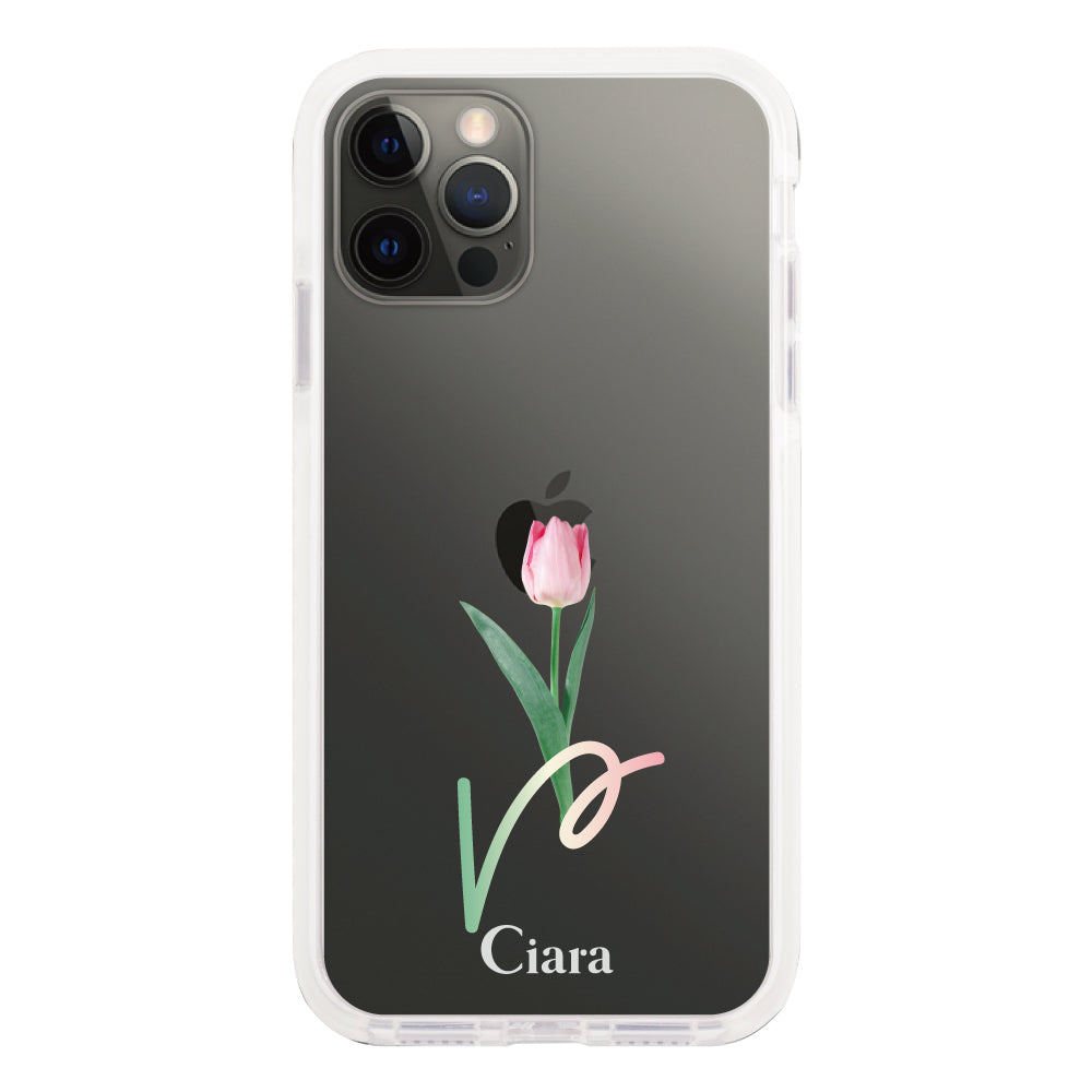 iPhoneX/XSケース クッションバンパー 耐衝撃クリアケース チューリップ ピンク