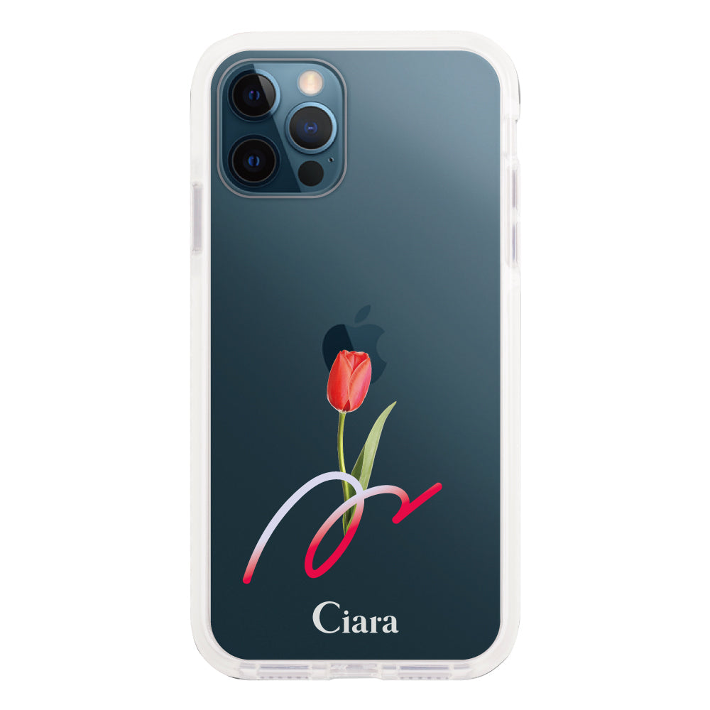 iPhone12ProMaxケース クッションバンパー 耐衝撃クリアケース チューリップ レッド
