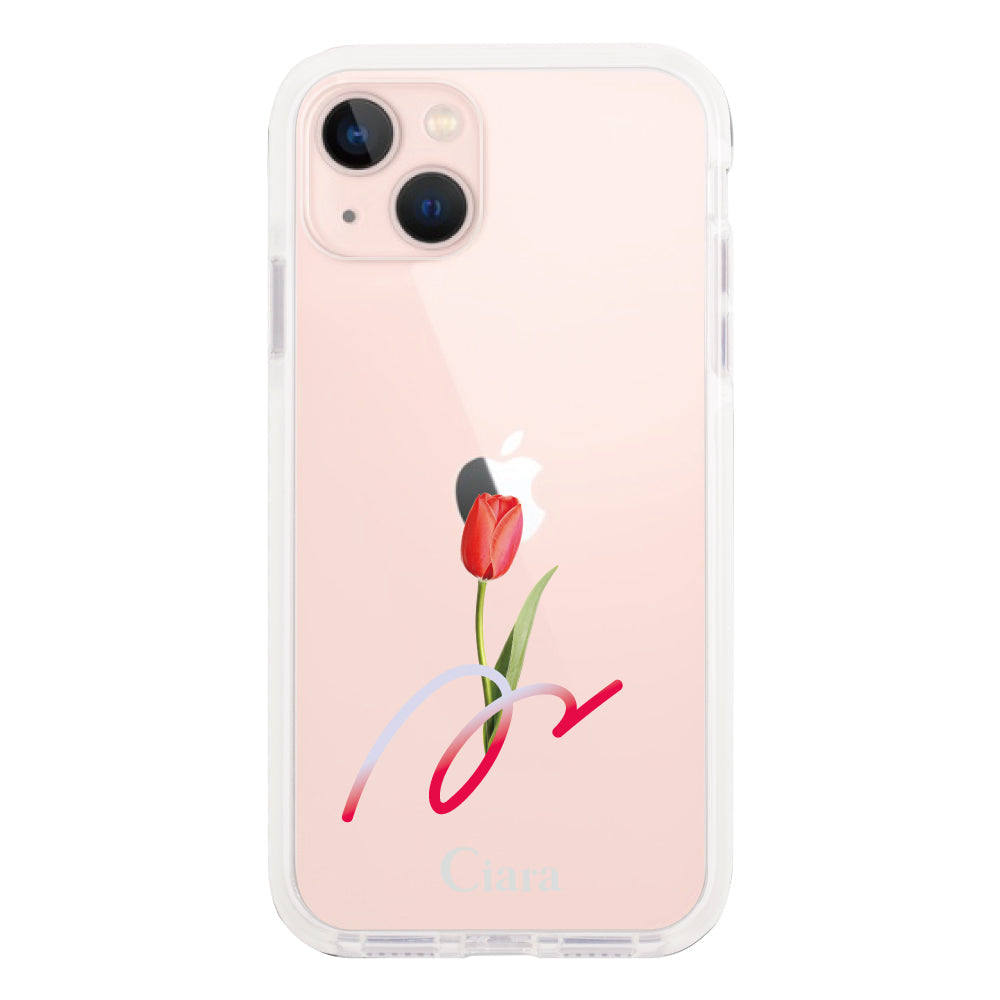 iPhone13ケース クッションバンパー 耐衝撃クリアケース チューリップ レッド