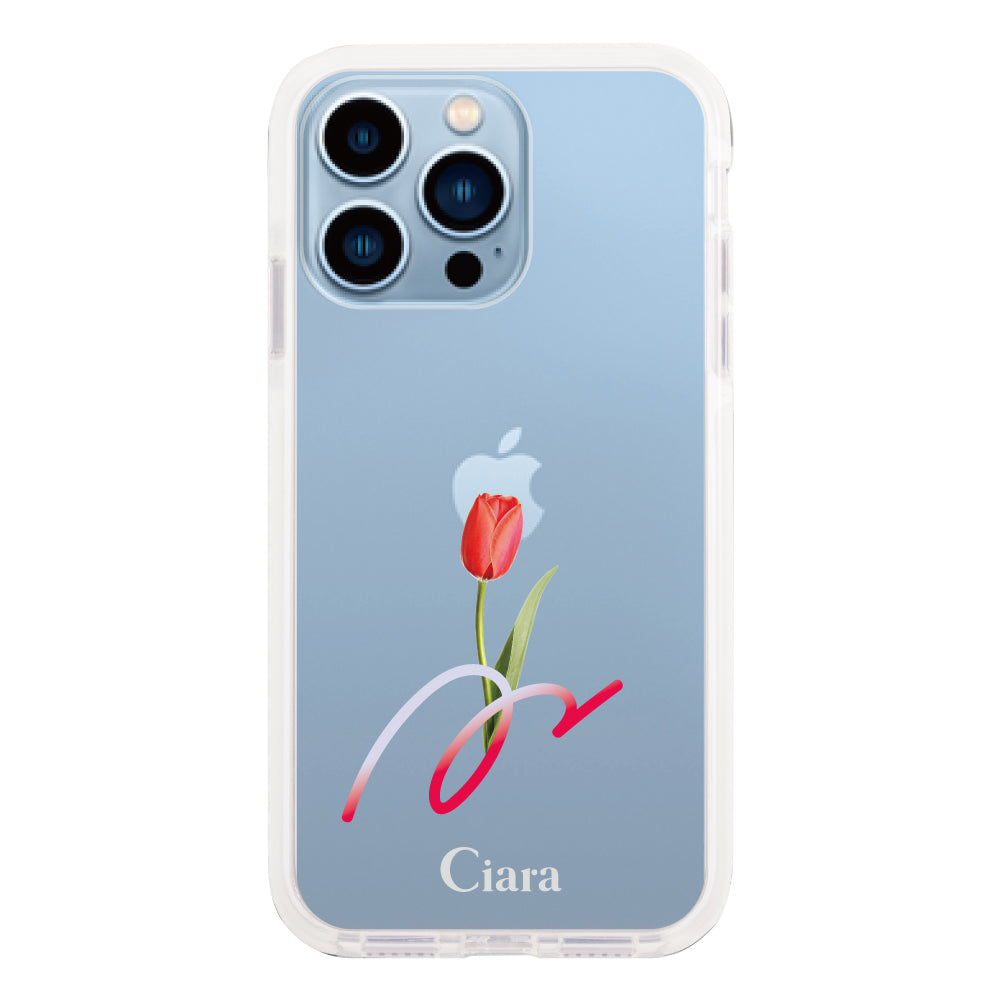 iPhone13ProMaxケース クッションバンパー 耐衝撃クリアケース チューリップ レッド