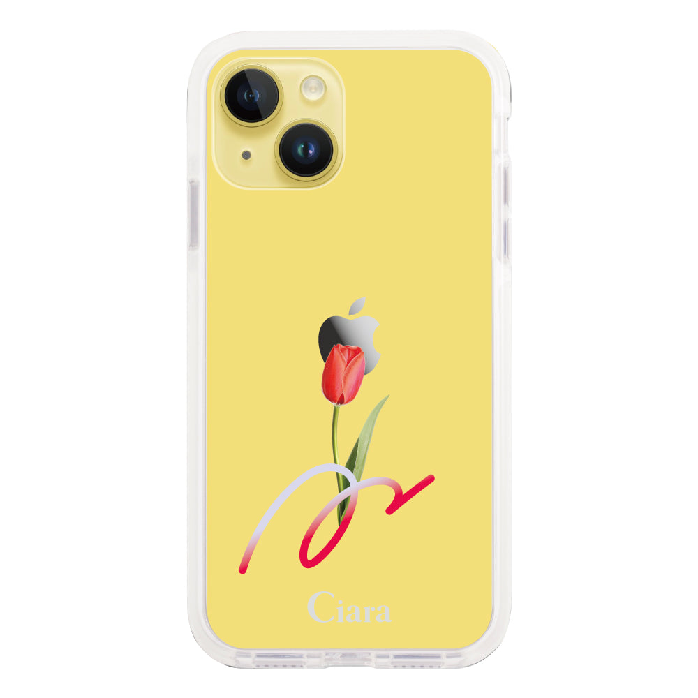 iPhone14Plusケース クッションバンパー 耐衝撃クリアケース チューリップ レッド