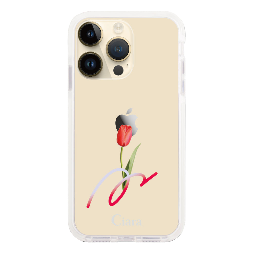 iPhone14Proケース クッションバンパー 耐衝撃クリアケース チューリップ レッド