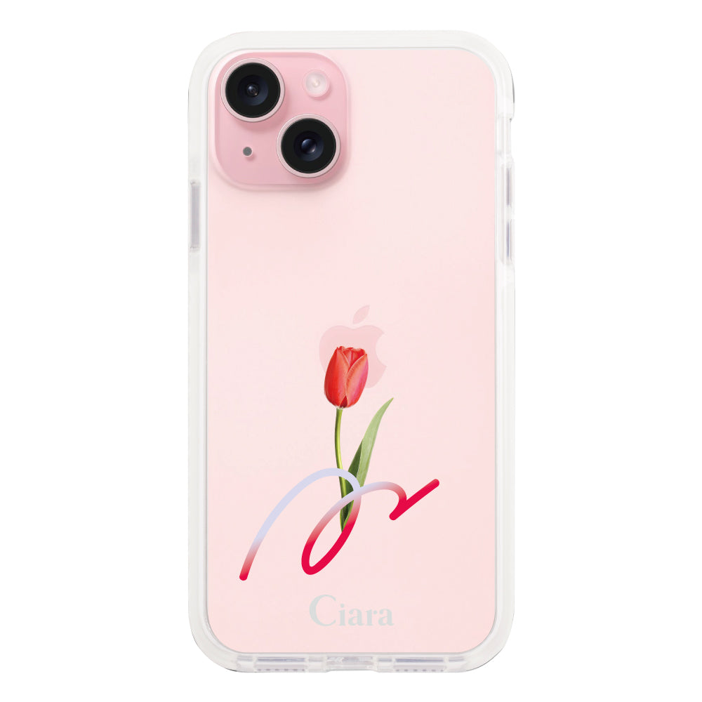 iPhone15ケース クッションバンパー 耐衝撃クリアケース チューリップ レッド