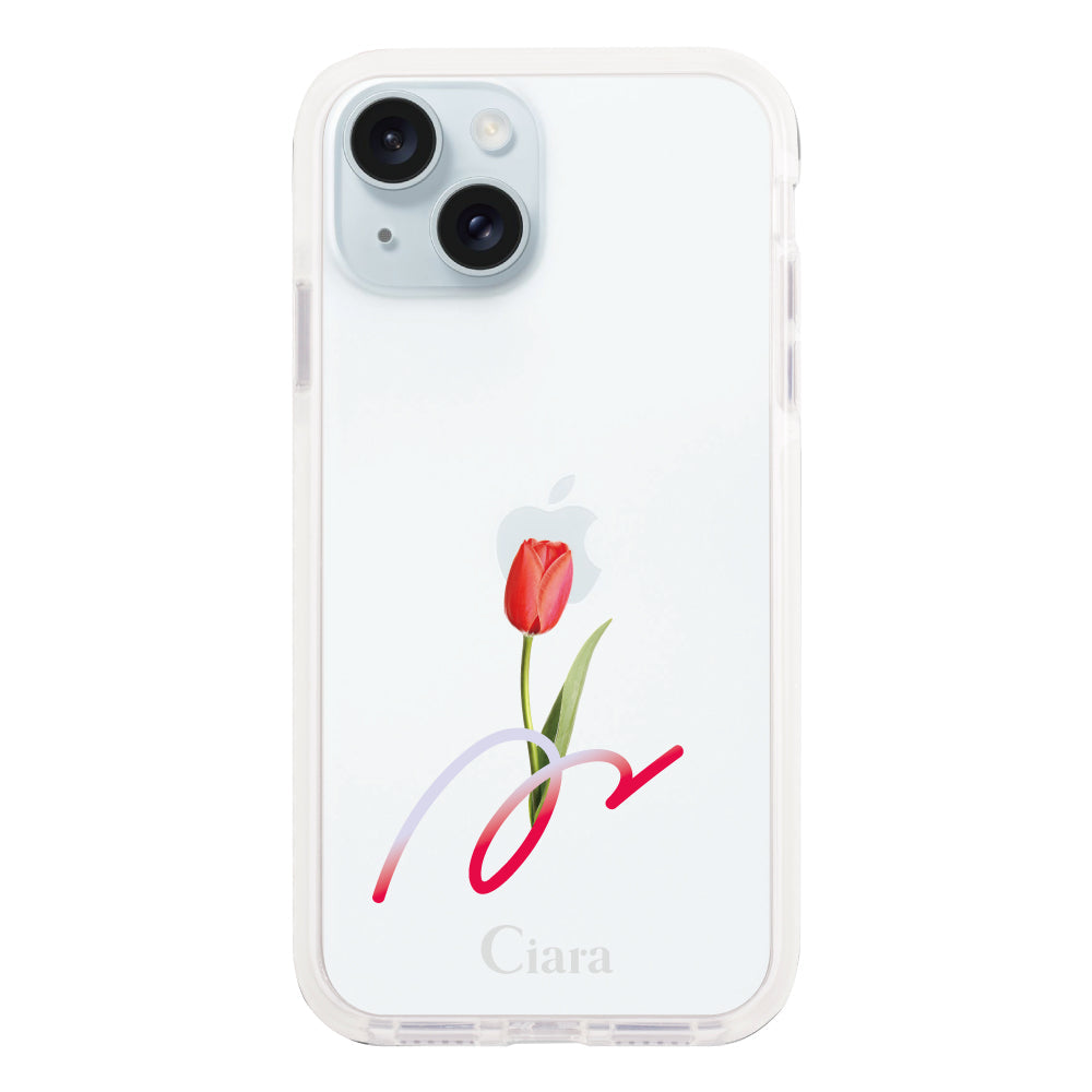 iPhone15Plusケース クッションバンパー 耐衝撃クリアケース チューリップ レッド