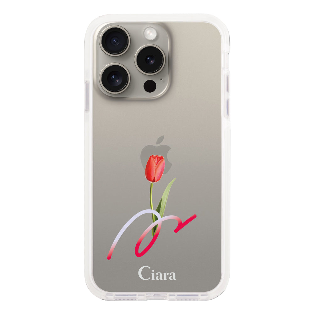 iPhone15Proケース クッションバンパー 耐衝撃クリアケース チューリップ レッド