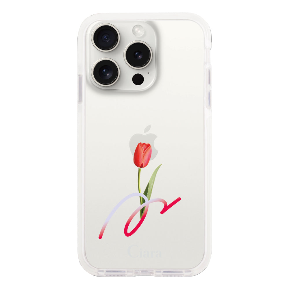 iPhone15ProMaxケース クッションバンパー 耐衝撃クリアケース チューリップ レッド