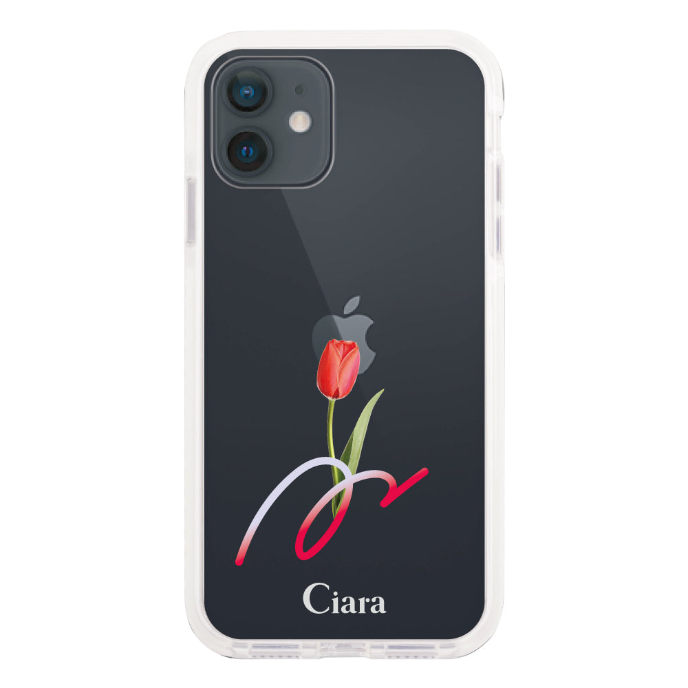 iPhoneXRケース クッションバンパー 耐衝撃クリアケース チューリップ レッド
