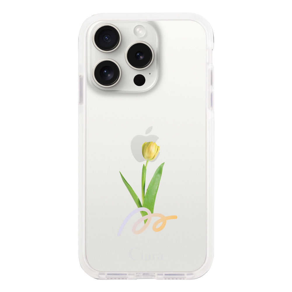 iPhone15ProMaxケース クッションバンパー 耐衝撃クリアケース チューリップ イエロー