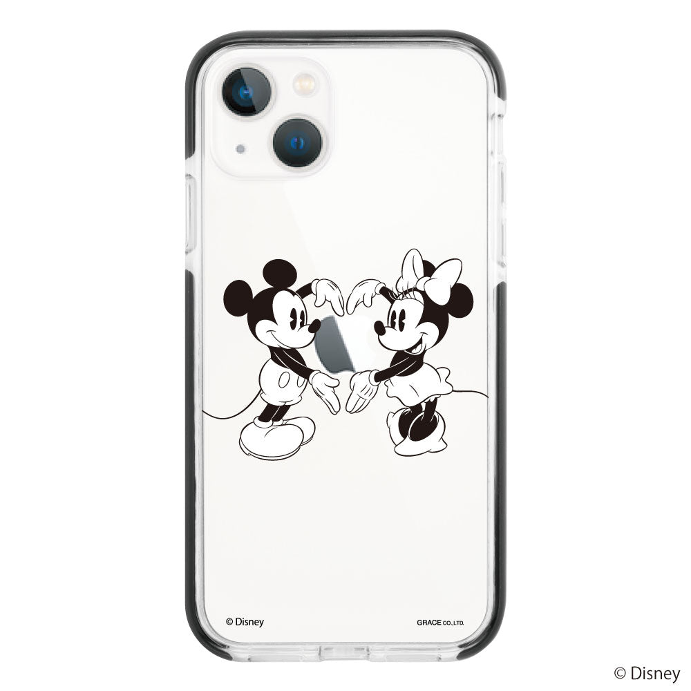 iPhone13ケース クッションバンパー 耐衝撃クリアケース モノクロミッキーミニー クリア