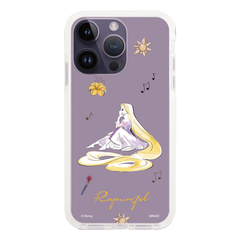 iPhone14ProMaxケース クッションバンパー 耐衝撃クリアケース ディズニー100 ウォーターカラープリンセス ラプンツェル パープル