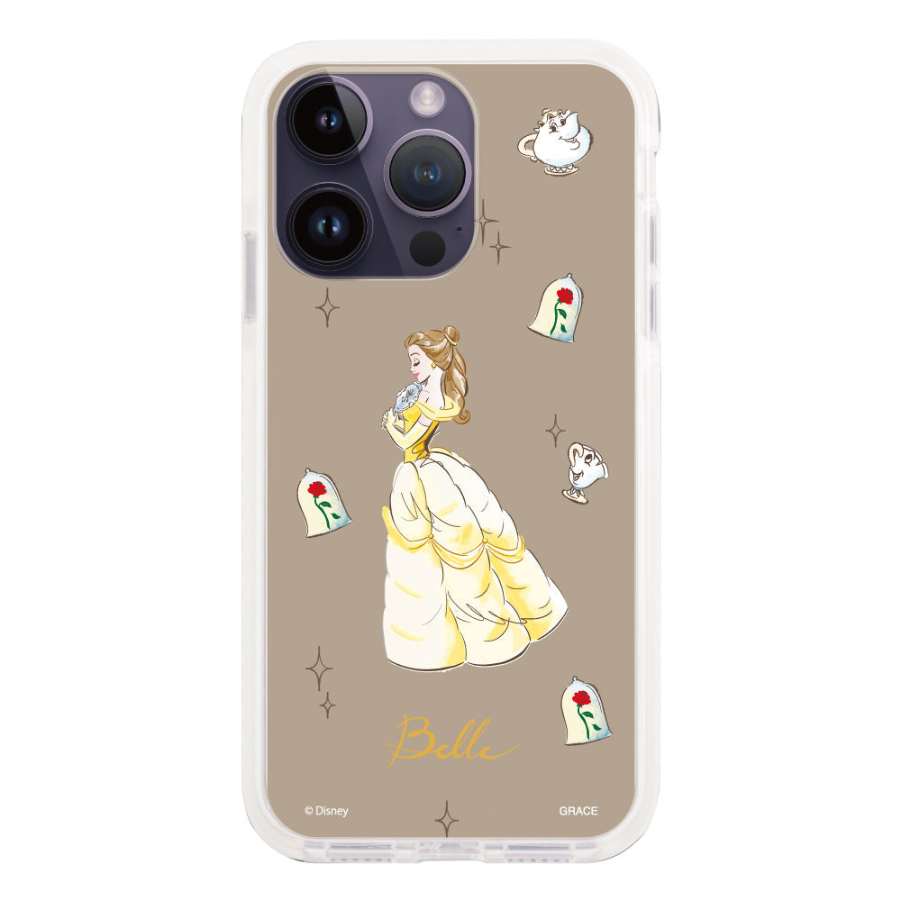 iPhone14ProMaxケース クッションバンパー 耐衝撃クリアケース ディズニー100 ウォーターカラープリンセス ベル イエロー