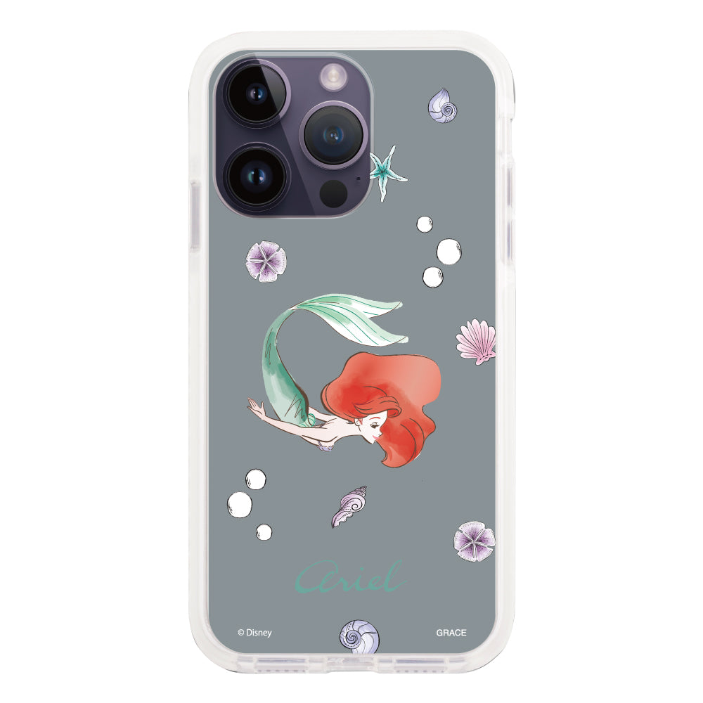 iPhone14ProMaxケース クッションバンパー 耐衝撃クリアケース ディズニー100 ウォーターカラープリンセス アリエル グリーン