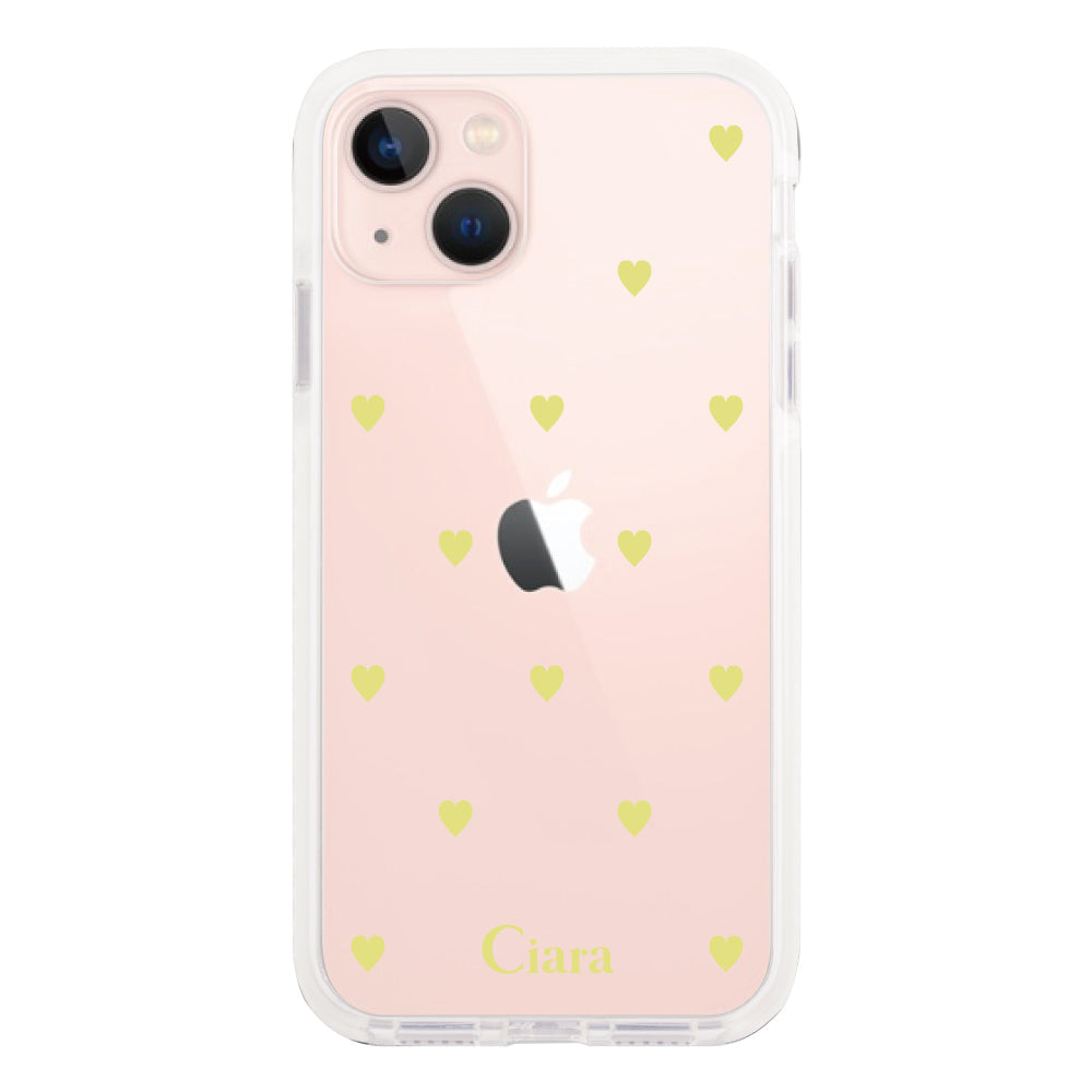 iPhone13ケース クッションバンパー 耐衝撃クリアケース カラーハート イエロー