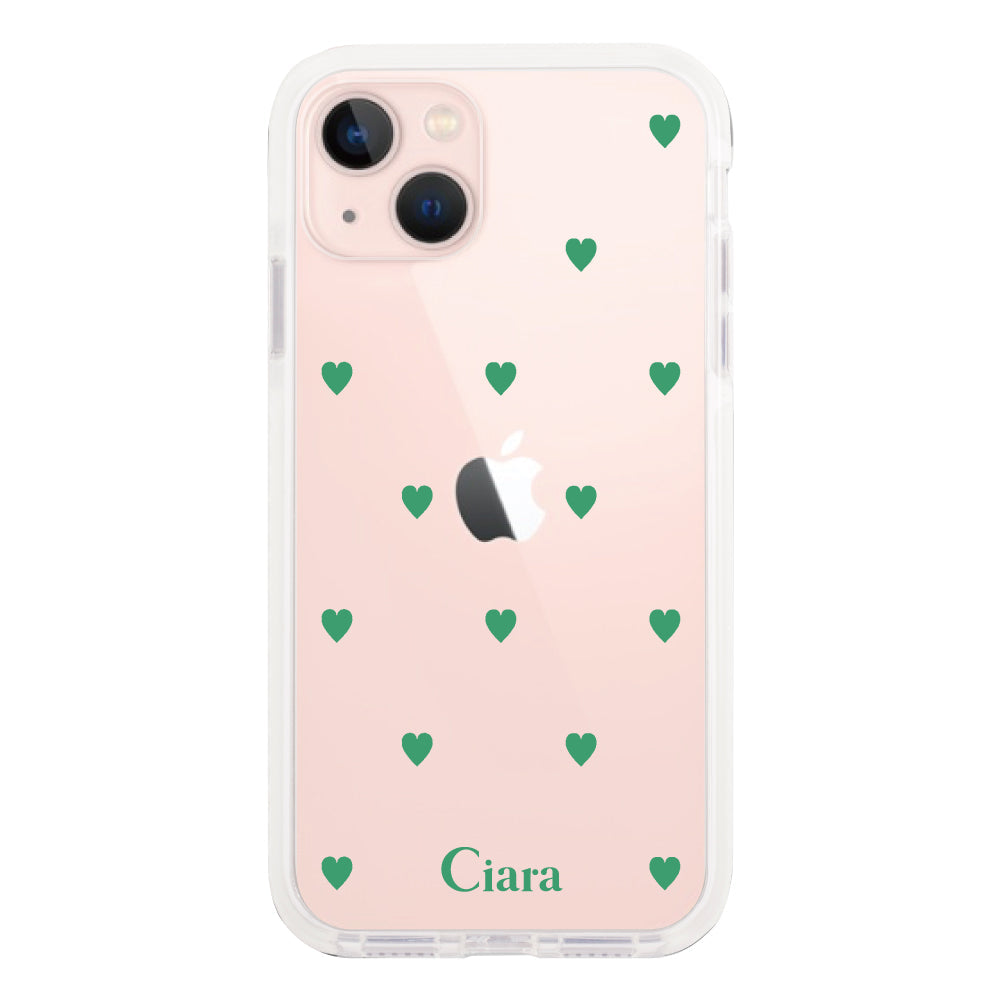 iPhone13ケース クッションバンパー 耐衝撃クリアケース カラーハート グリーン