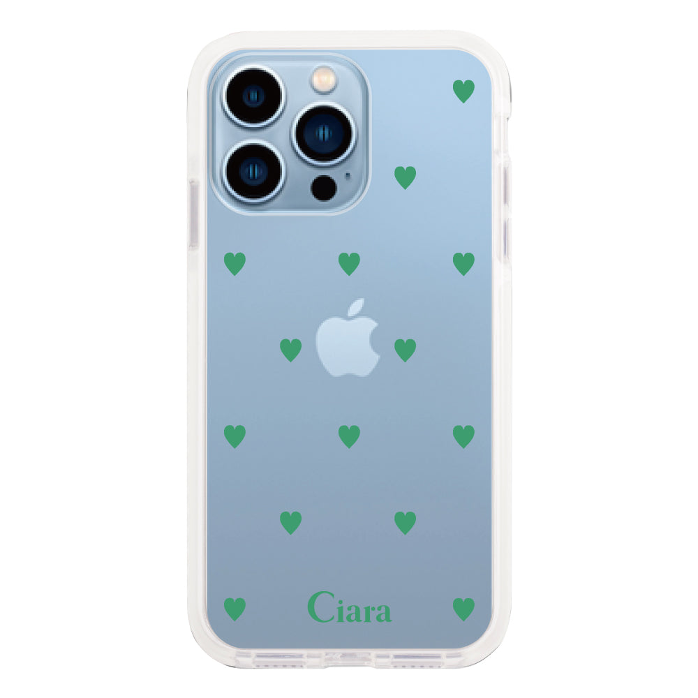 iPhone13ProMaxケース クッションバンパー 耐衝撃クリアケース カラーハート グリーン