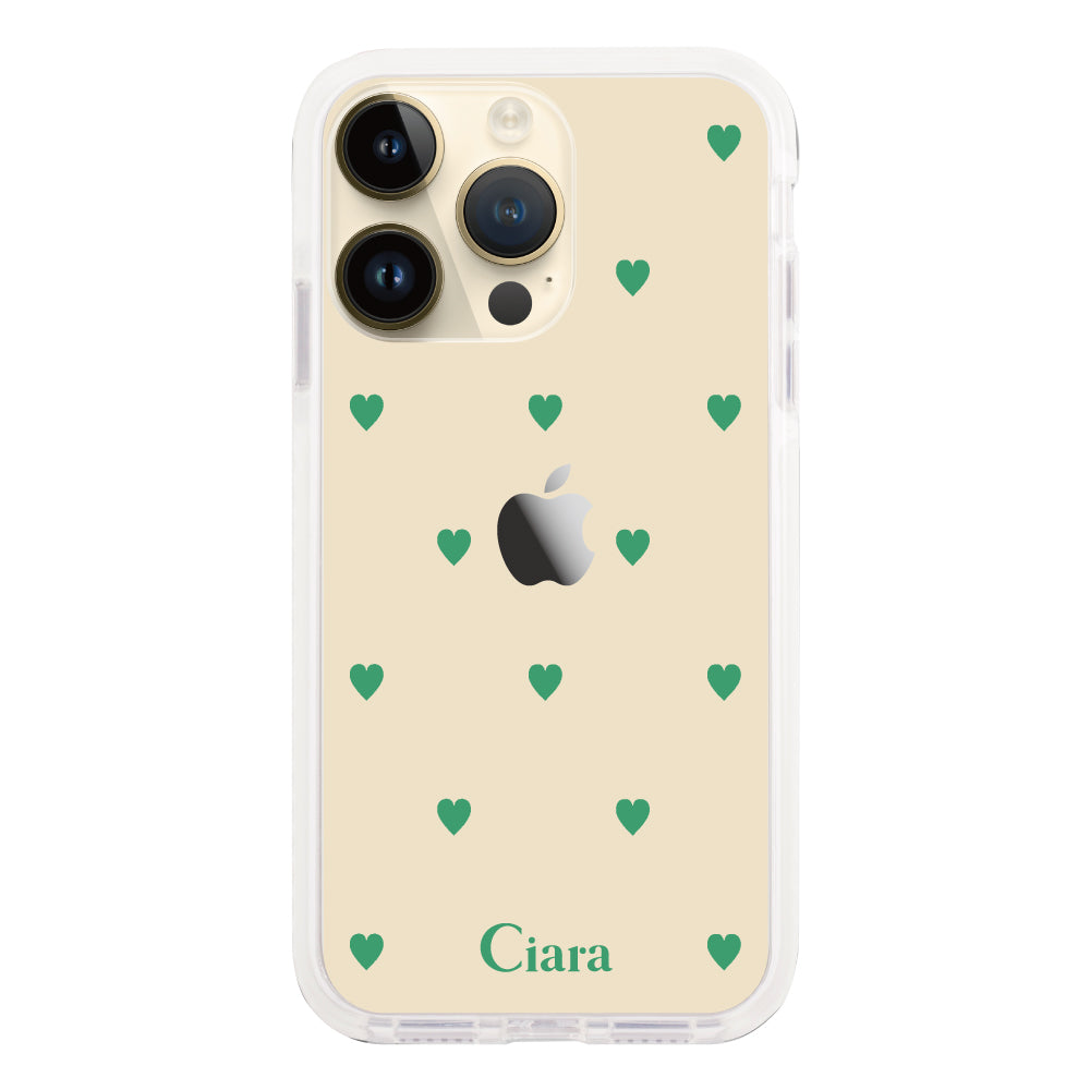 iPhone14Proケース クッションバンパー 耐衝撃クリアケース カラーハート グリーン