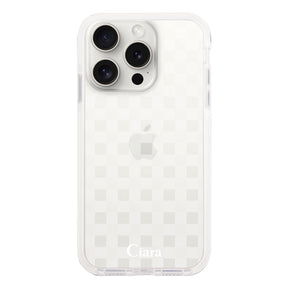 iPhone15ProMax クッションバンパー 耐衝撃クリアケース ギンガム ホワイト