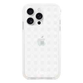 iPhone16ProMax クッションバンパー 耐衝撃クリアケース ギンガム ホワイト