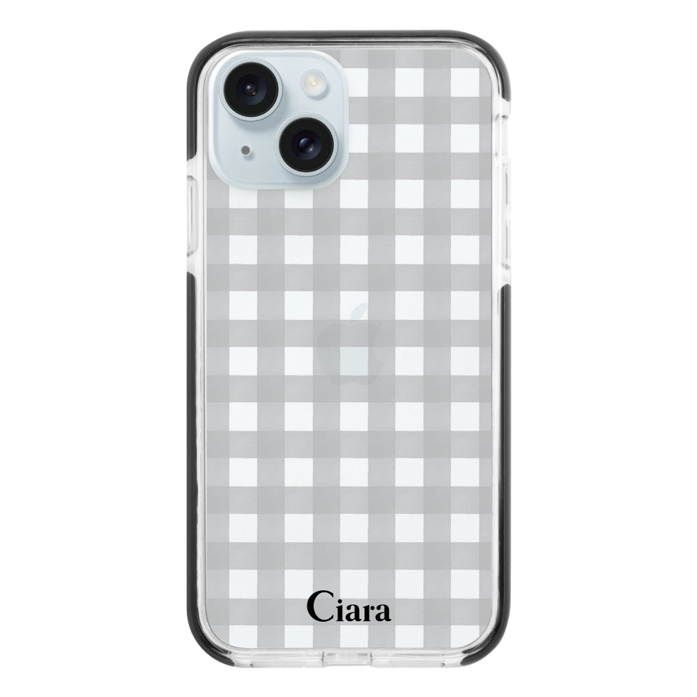 iPhone15Plus クッションバンパー 耐衝撃クリアケース ギンガム ブラック