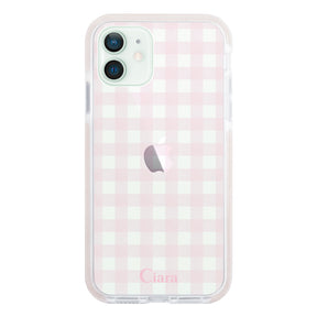 iPhone12mini クッションバンパー 耐衝撃クリアケース ギンガム ピンク