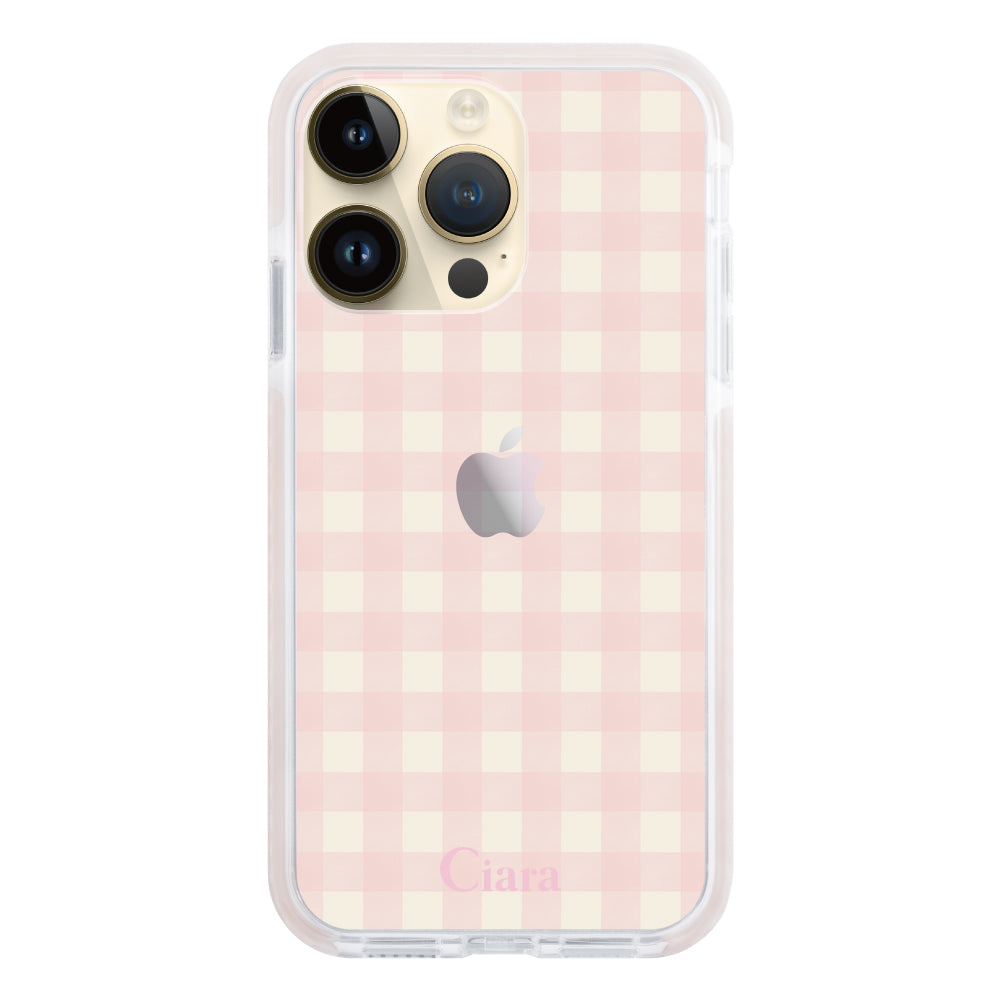 iPhone14Pro クッションバンパー 耐衝撃クリアケース ギンガム ピンク