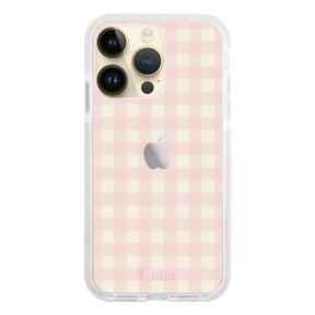 iPhone14Pro クッションバンパー 耐衝撃クリアケース ギンガム ピンク
