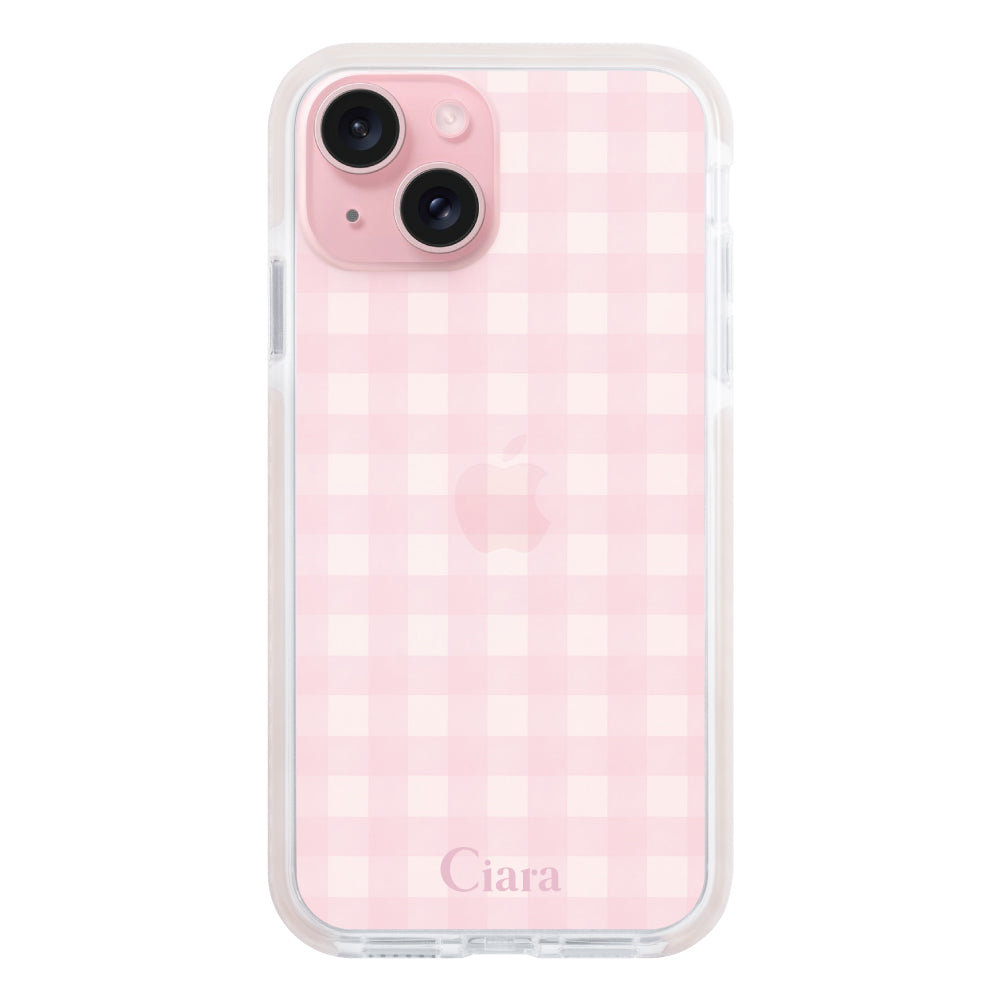 iPhone15 クッションバンパー 耐衝撃クリアケース ギンガム ピンク