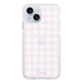 iPhone15Plus クッションバンパー 耐衝撃クリアケース ギンガム ピンク