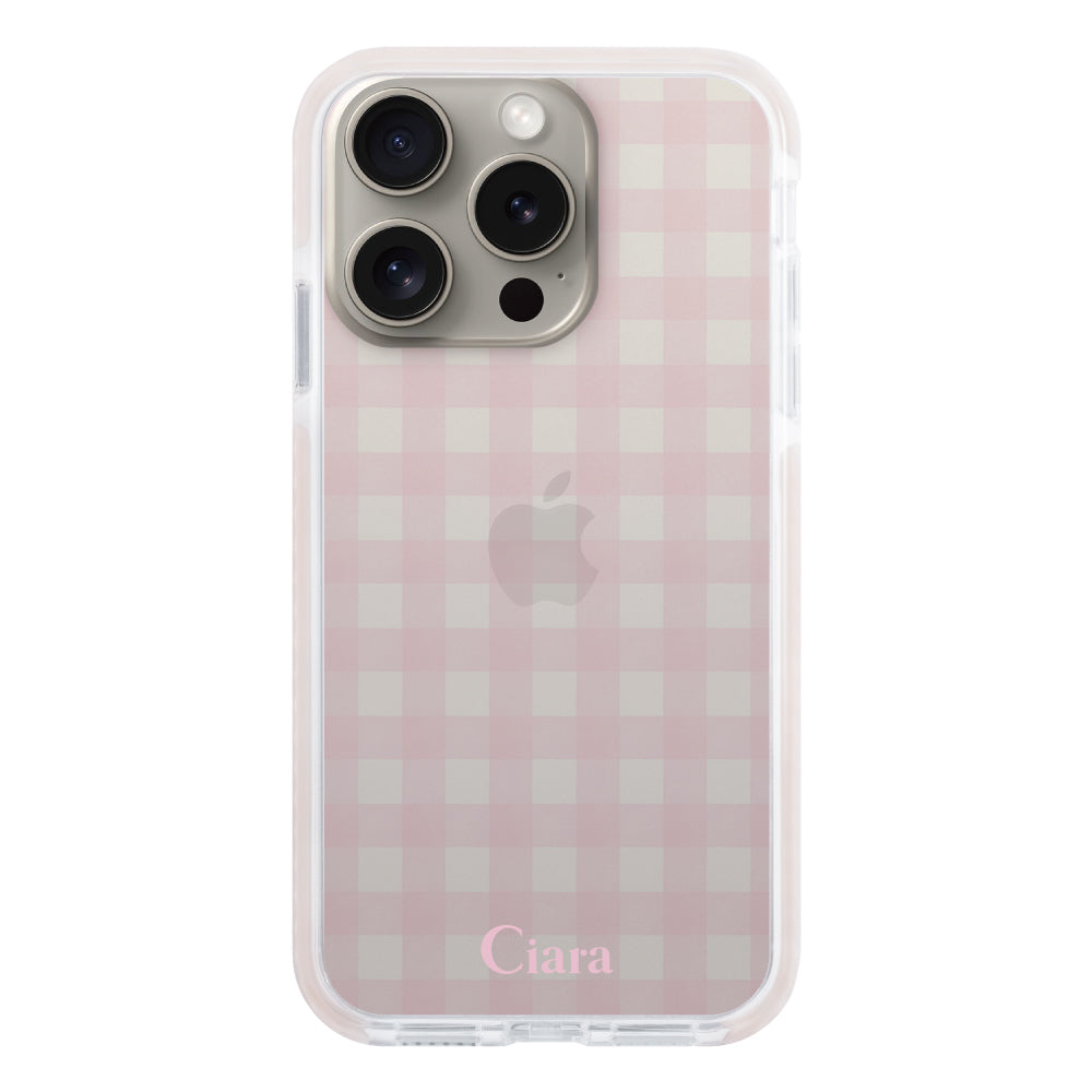 iPhone15Pro クッションバンパー 耐衝撃クリアケース ギンガム ピンク
