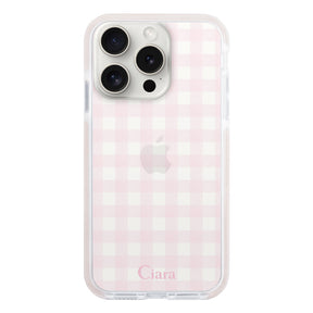 iPhone15ProMax クッションバンパー 耐衝撃クリアケース ギンガム ピンク
