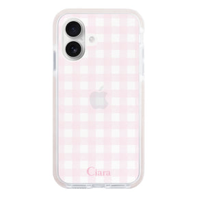 iPhone16 クッションバンパー 耐衝撃クリアケース ギンガム ピンク