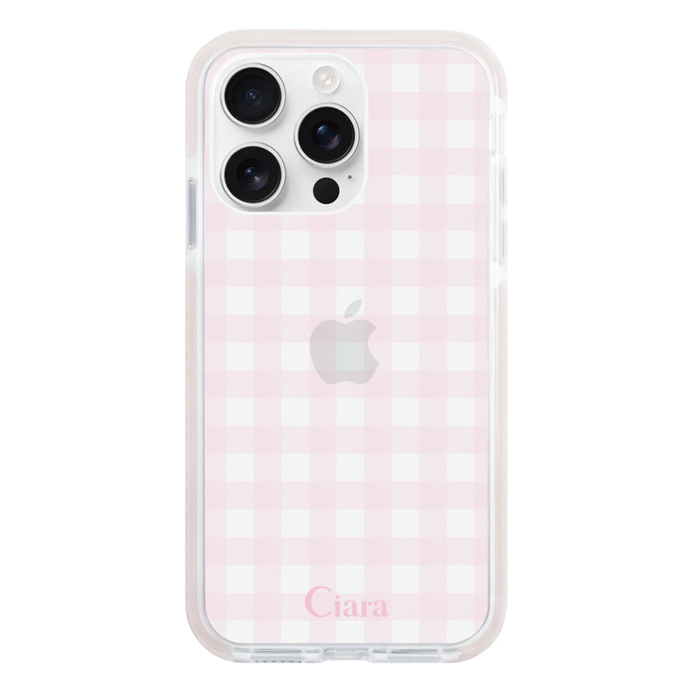 iPhone16ProMax クッションバンパー 耐衝撃クリアケース ギンガム ピンク
