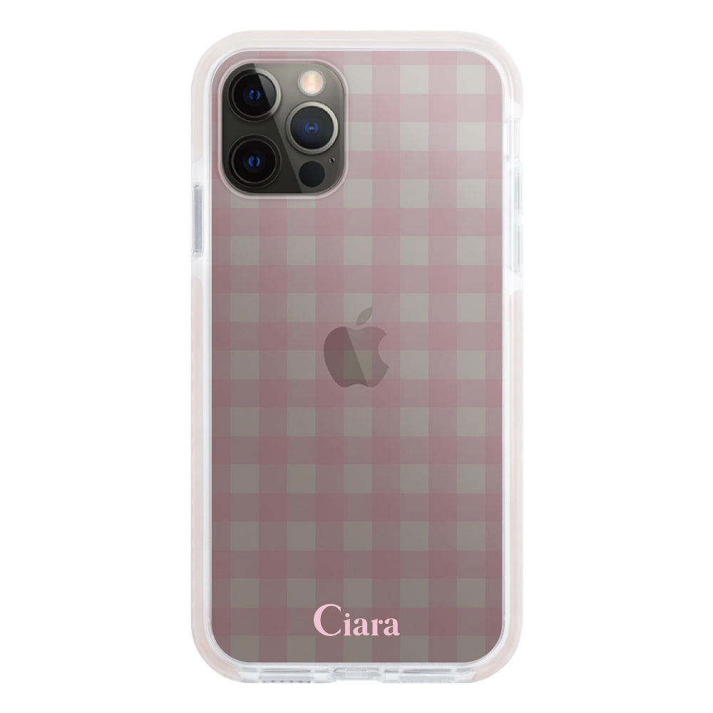 iPhoneX/XS クッションバンパー 耐衝撃クリアケース ギンガム ピンク