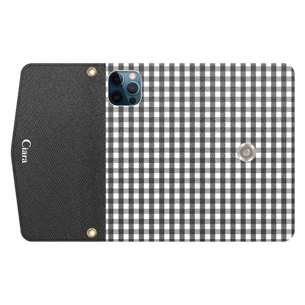 iPhone12ProMaxケース 手帳型カード収納レザーケース ギンガム ブラック