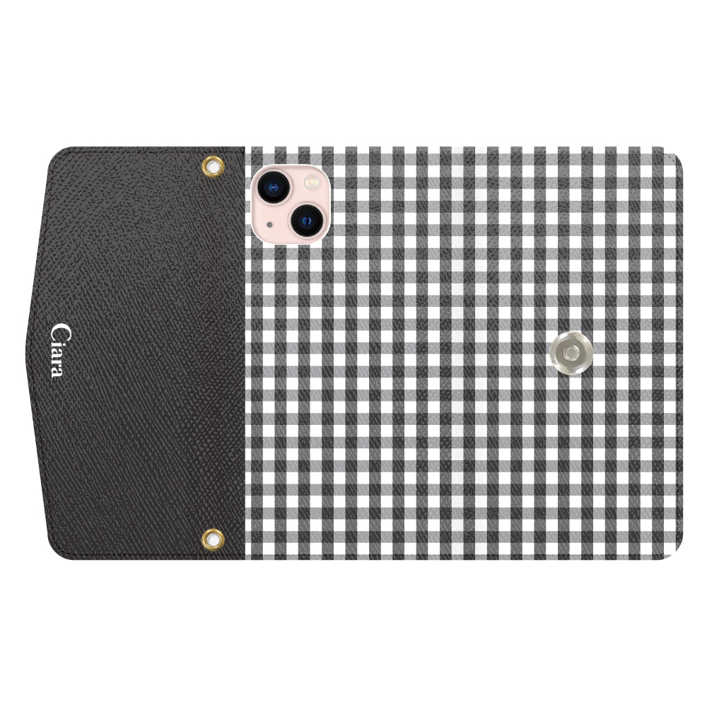 iPhone13ケース 手帳型カード収納レザーケース ギンガム ブラック