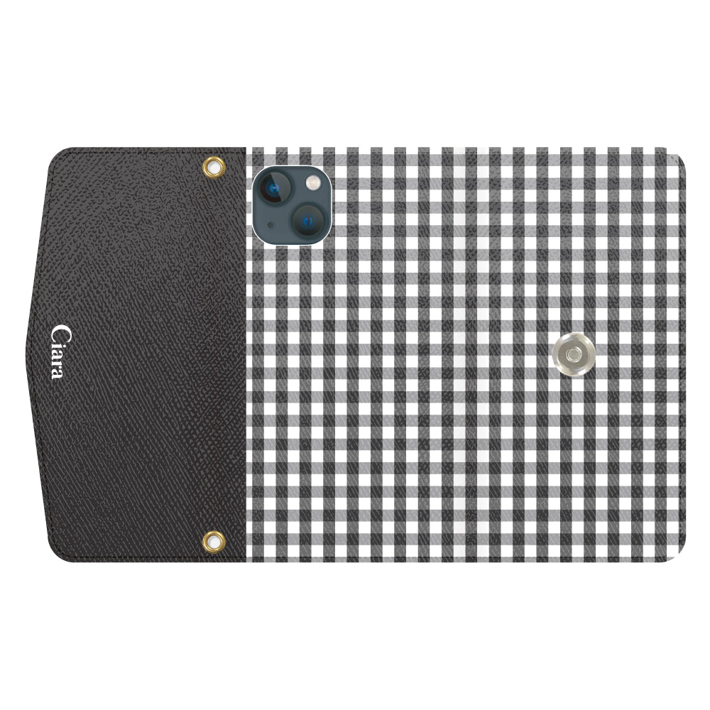 iPhone13miniケース 手帳型カード収納レザーケース ギンガム ブラック