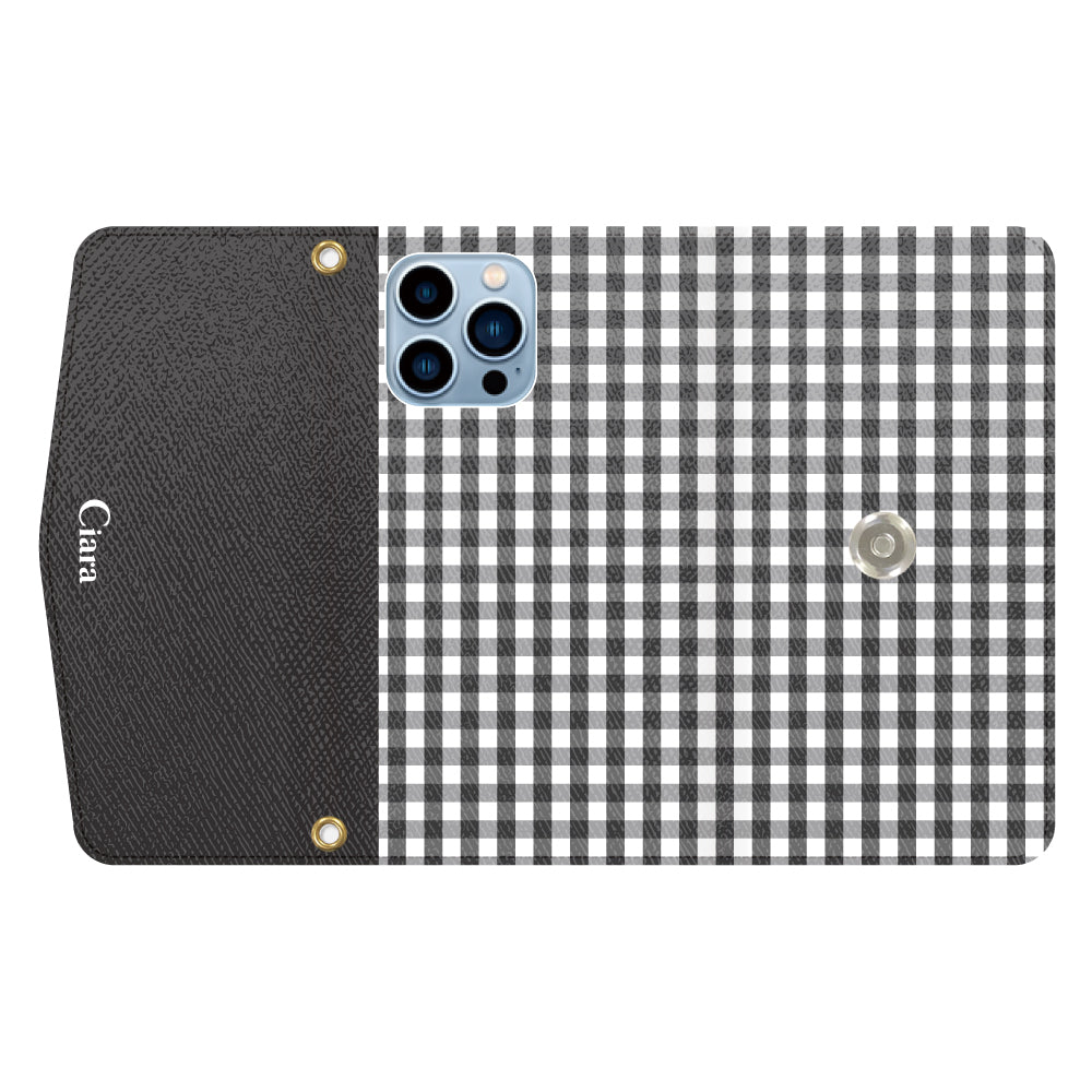 iPhone13ProMaxケース 手帳型カード収納レザーケース ギンガム ブラック