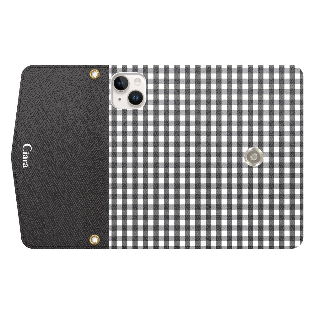 iPhone14ケース 手帳型カード収納レザーケース ギンガム ブラック